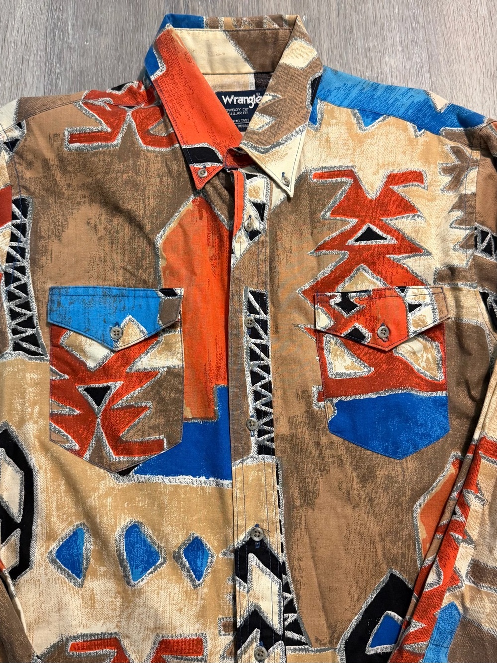 Vintage Wrangler Aztec Western Shirt 16-34 Cowboy Cut Colorful Button USA